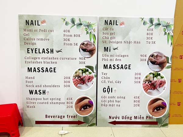 menu tiệm nail