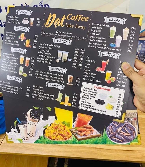 menu trà sữa sinh tố