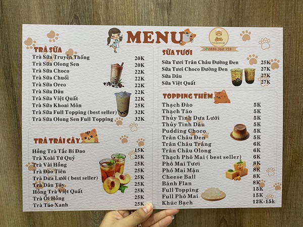 menu trà sữa